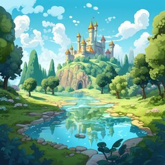 Cartoon landscape with stream and trees