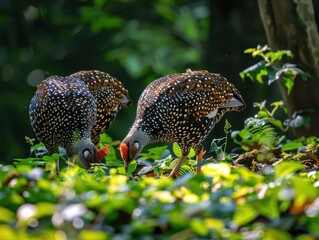 Two Spotted Birds Foraging in Lush Green Foliage