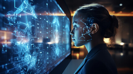 
AI Artificial Intelligence. Business woman using AI technology for data analysis, coding computer language with digital brain, machine learning on virtual screen, business intelligence.