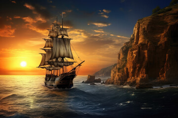 Fototapeta premium Majestic Sailing Ship Navigating Past Sea Cliffs at Sunset