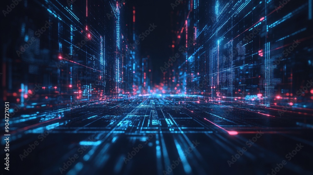 Poster 3d abstract night scene with digital technology elements and ample copy space. glowing lines and sha