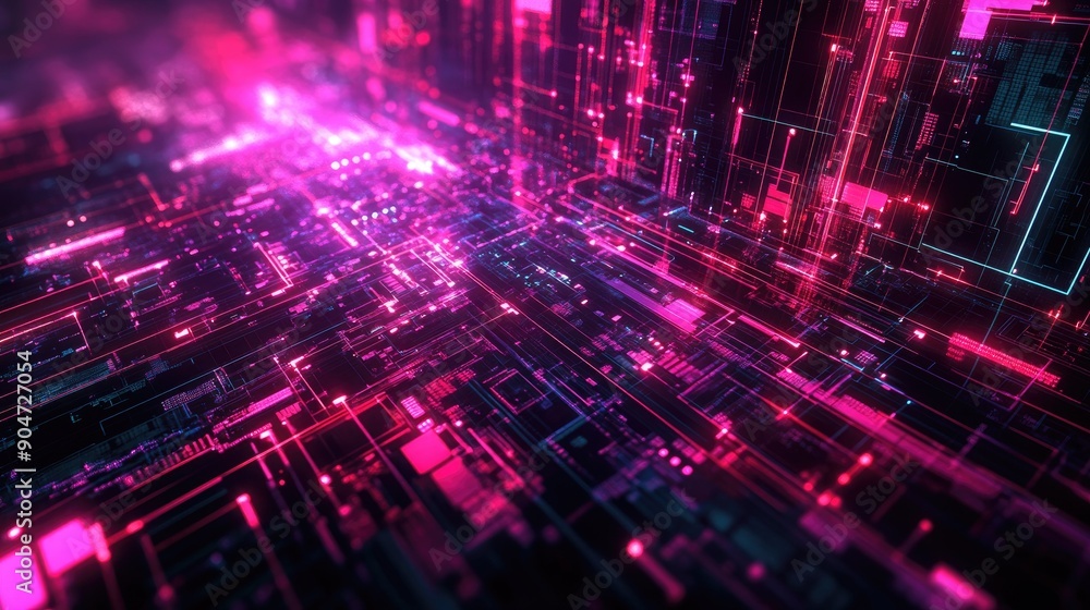 Poster 3d abstract night scene with digital technology elements and ample copy space. glowing lines and sha