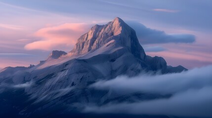 Nature Photograph: Mountain Peak at Dawn Surrounded by Swirling Clouds and a Hint of Morning Mist