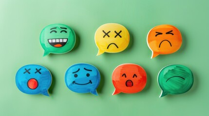 Handmade speech bubbles with emotions on green backdrop