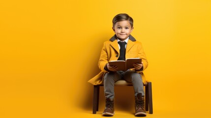 Boy reading book in yellow coat on chair