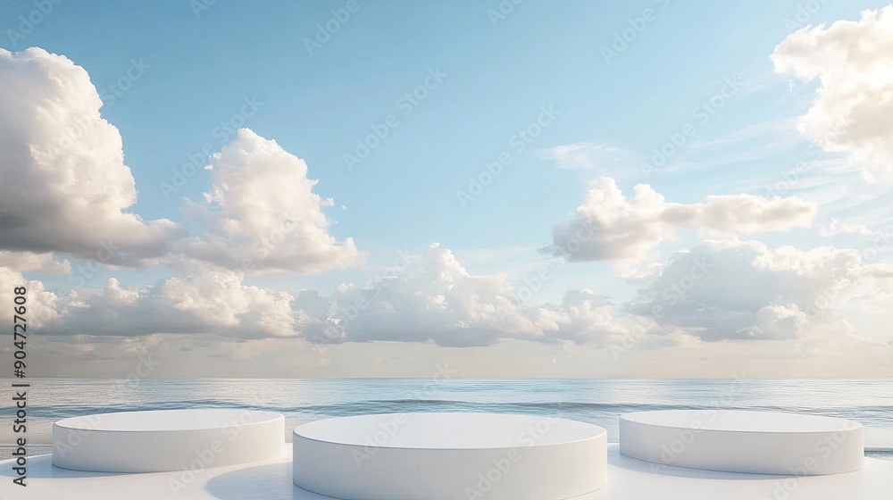 Poster 3d podium with copy space for product display, beach setting with blue sky and white clouds abstract