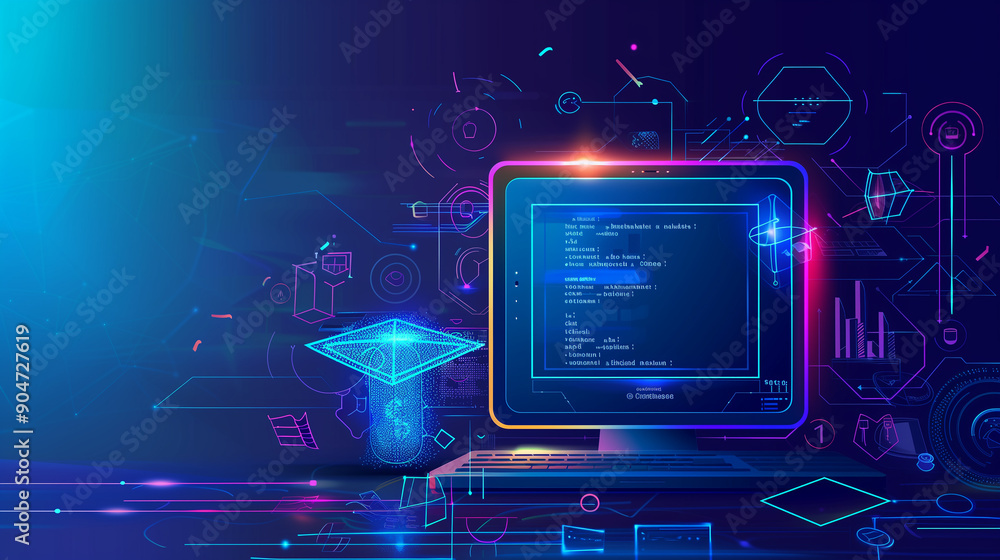 Poster a computer monitor with a check mark on it and a graduation cap on the screen. the background featur