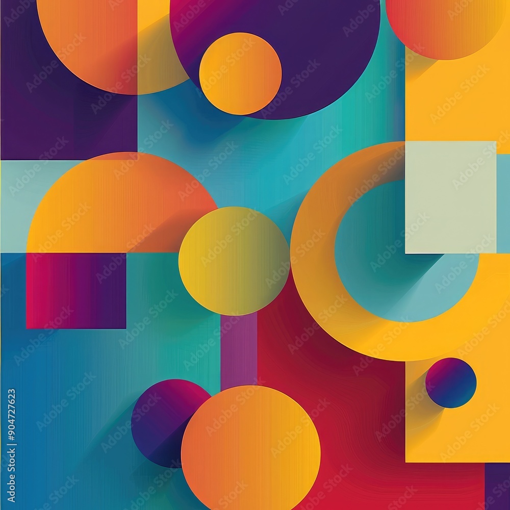 Poster minimal geometric background with bright colorful squares and circular elements, vector illustration