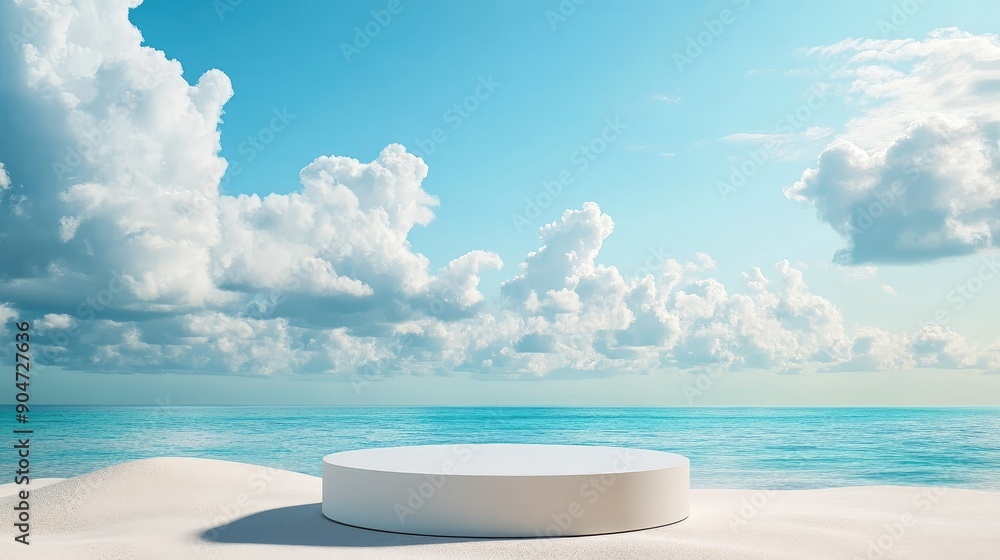 Poster 3d podium with copy space for product display, set on a beach with blue sky and white clouds in the 
