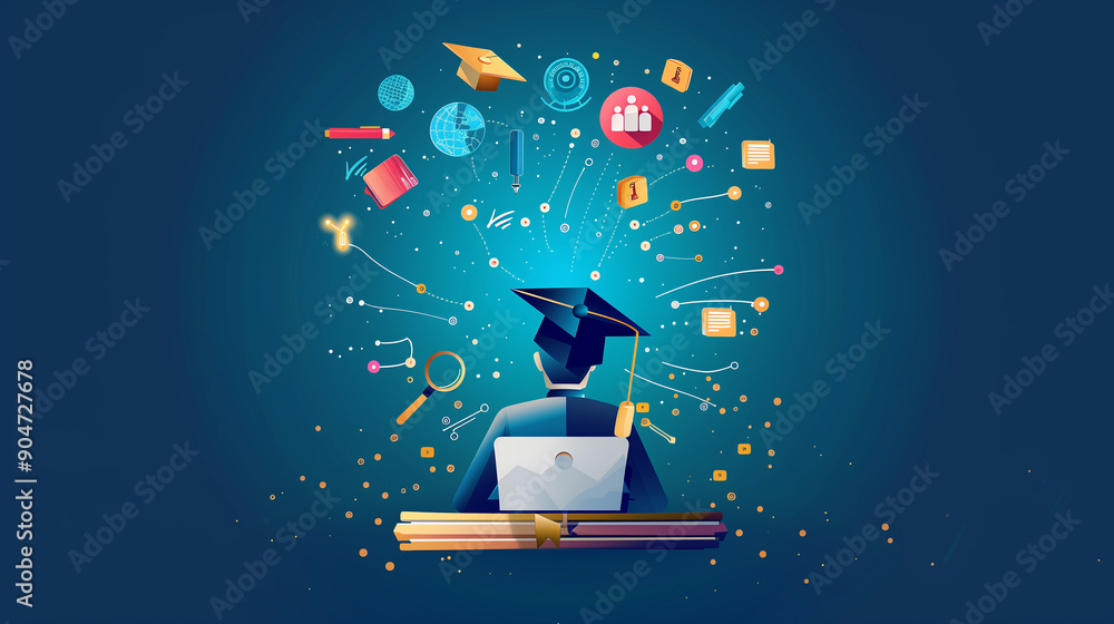 Poster a computer monitor with a check mark on it and a graduation cap on the screen. the background featur