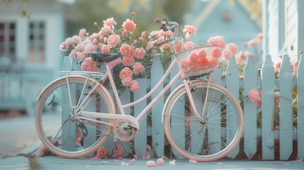 Pink bicycle with flowers in basket