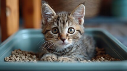 Adorable Tabby Kitten Sitting in Blue Litter Box Cute Pet Animal