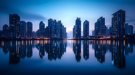 Fototapeta premium Industrial Cityscape with Towering Structures, Glowing City Lights, and Reflections on a Calm River