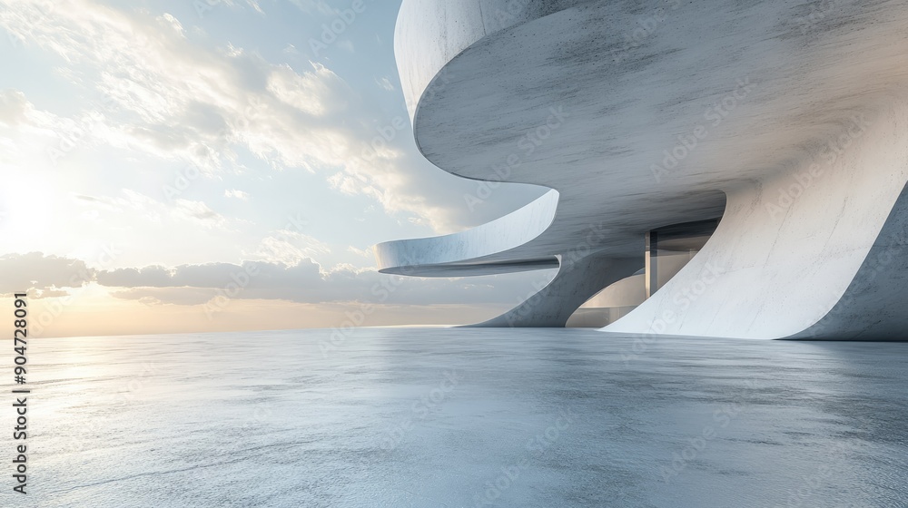 Poster abstract futuristic building rendered in 3d with a concrete floor, featuring ample copy space. perfe