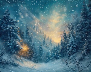 A serene winter landscape showcasing snow-covered trees, gentle snowfall, and a tranquil sunset glow in the background.