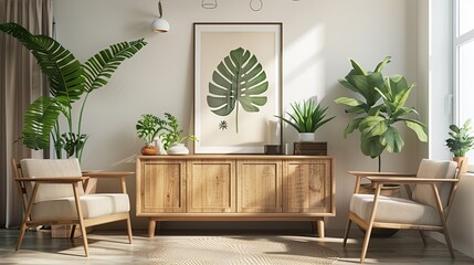 Living Room Decor Mockup TV Cabinet with Lamp, Table, and Flowers