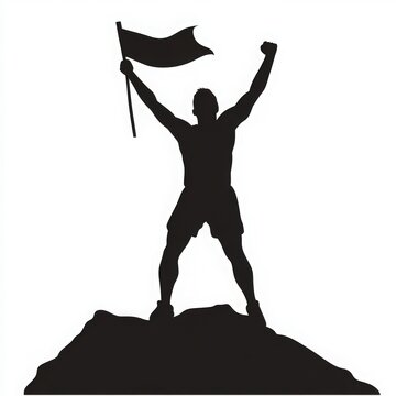 recommend clip art: A powerful silhouette of a victorious figure standing on a mountain, triumphantly holding a flag, symbolizing achievement.