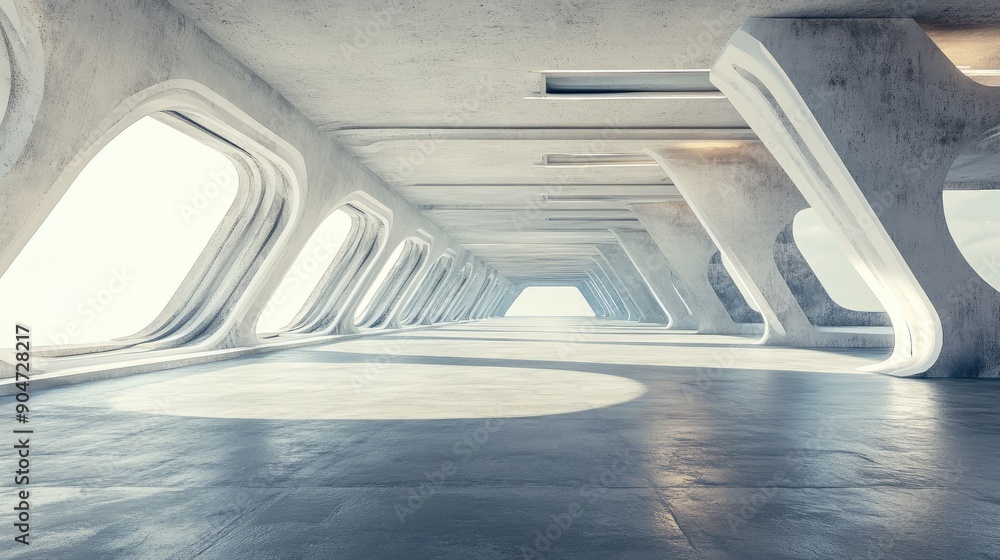 Poster abstract futuristic building rendered in 3d with a concrete floor, featuring ample copy space. perfe