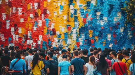 Crowd of people admiring a colorful urban art mural on a city street. Concepts of street art, public art, community, and culture.