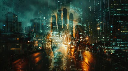 Fototapeta premium Digital Hand Over Cityscape: Futuristic Technology, Artificial Intelligence, Urban Innovation, Cybersecurity in Modern Metropolis