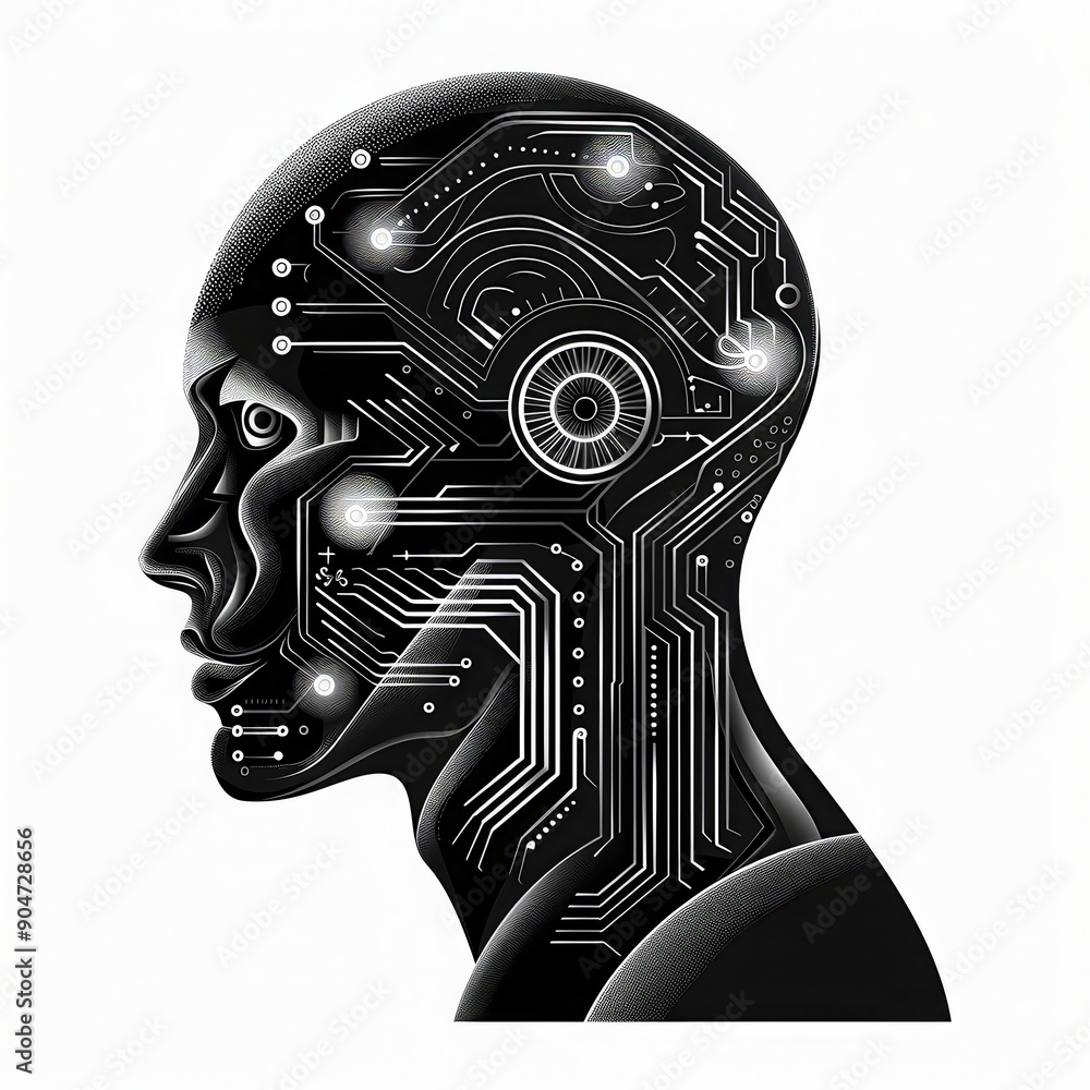 Poster futuristic cyborg head with intricate circuit patterns, representing artificial intelligence, techno