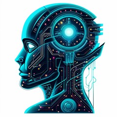 Futuristic digital illustration of a human-like robotic head with intricate circuits glowing in blue and purple colors.