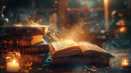An enchanting scene of an opened book with magical light, candles, and stacked books, perfect for fantasy and inspiration themes.