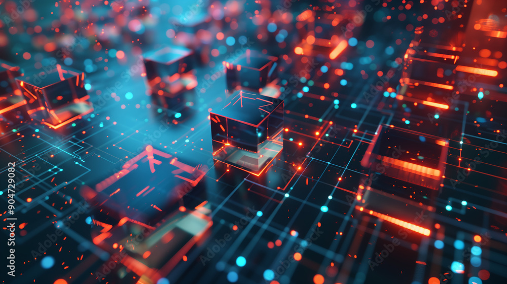 Poster a computer generated image of a network of cubes with red and blue lights. the cubes are connected t