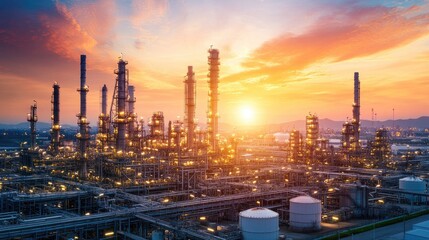 Fototapeta premium Banner of an oil refinery gas petrol plant industry at sunset, highlighting crude tanks, flares, and industrial machinery.