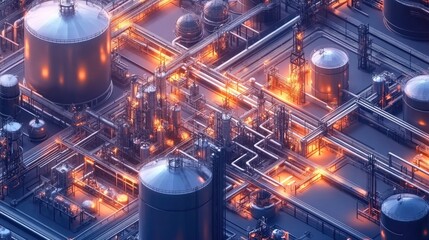 Banner of an oil refinery gas petrol plant industry, focusing on the vast network of pipelines and storage tanks.