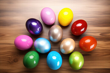 Vibrant Easter Eggs on Rustic Wooden Surface