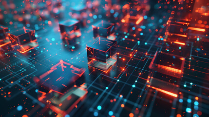 Obraz premium A computer generated image of a network of cubes with red and blue lights. The cubes are connected to each other in a web-like pattern. Concept of complexity and interconnectedness
