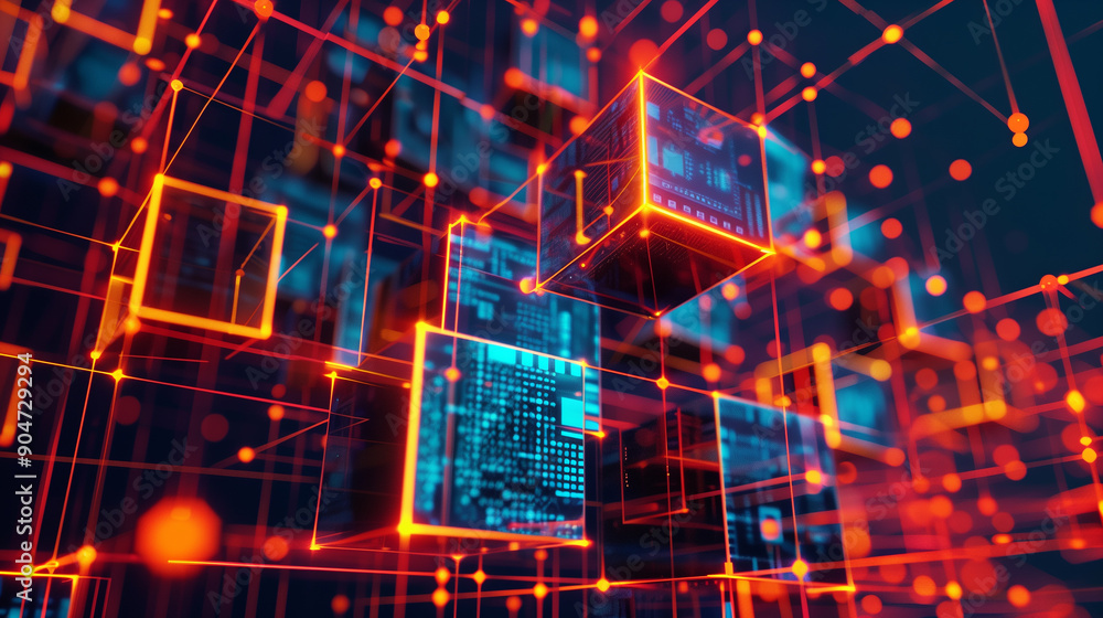 Poster a computer generated image of a network of cubes with red and blue lights. the cubes are connected t