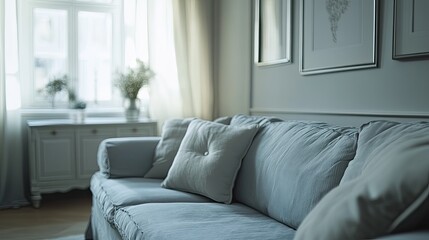 Fototapeta premium Beautiful living room featuring a gray sofa, with selective focus and no people. Perfect for interior design and home decor themes.