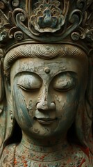 Fototapeta premium Serene and intricately designed Buddha face sculpture, showcasing the beauty of ancient craftsmanship and spiritual tranquility.