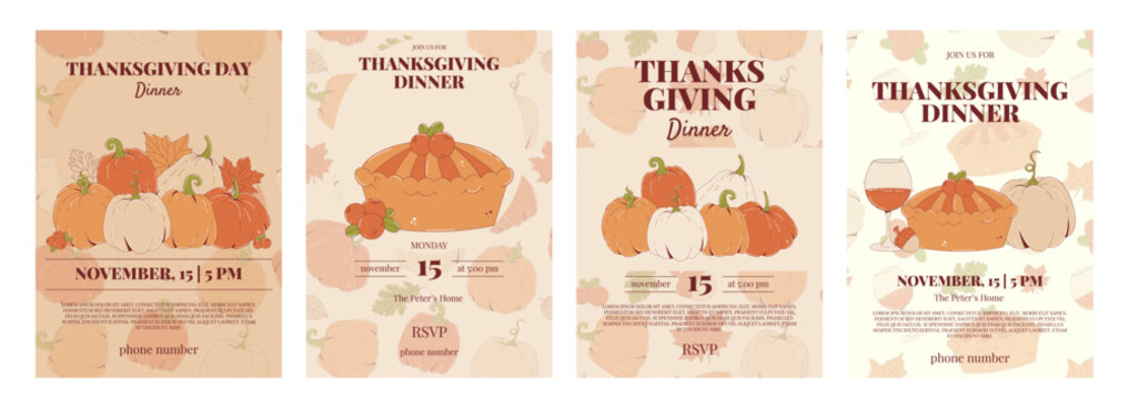 Thanksgiving Dinner Poster Set. Holiday invitation with pie, pumpkin, cranberry and more. Vector illustration