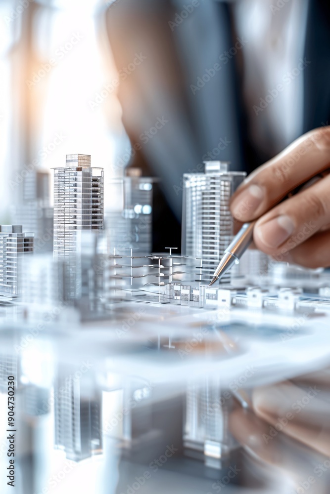 Poster a business meeting setting where real estate properties are discussed as part of a larger investment