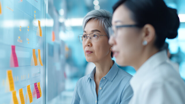 Two business professionals in a modern office collaboratively review colorful sticky notes and data on a glass board. The scene emphasizes teamwork and strategic planning in a high-tech environment.