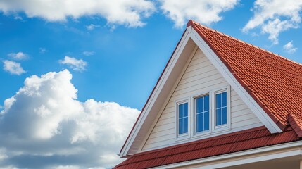 Close-up of a charming coastal house with a blue, cloudy sky. Generous copy space available for marketing or architectural content.