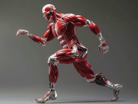Artistic fusion of human muscles and exoskeleton frameworks, highlighting performance, [Muscles, Exoskeleton Framework], [Concept: Enhanced Performance]