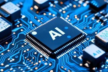 "Close-up of AI chip embedded in blue circuitry, symbolizing cutting-edge technology and the future of artificial intelligence in a detailed, high-tech digital environment"