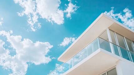 Coastal-style home close-up with a blue sky and fluffy clouds above. Includes ample copy space for real estate and architectural visuals