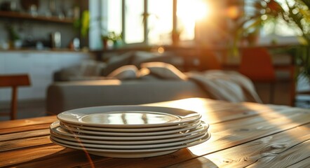 Stack of white plates on wooden table