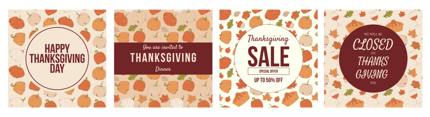 Happy Thanksgiving day card set. Thanksgiving dinner. Special offer and sale. We will be Closed for Thanksgiving day. Flat vector illustration © Dukhanina Ekaterina