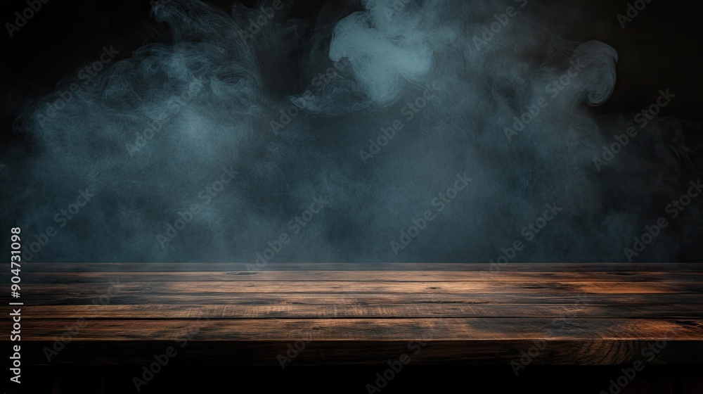 Poster dark background with an empty wooden table and floating smoke, providing copy space for text. ideal 