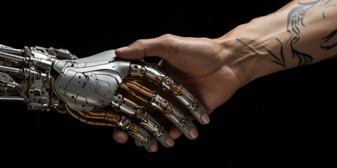 Robotic hand and human hand shaking