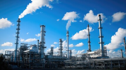 Fototapeta premium Daytime banner of an oil refinery gas petrol plant industry, featuring large crude tanks, processing towers, and blue sky.