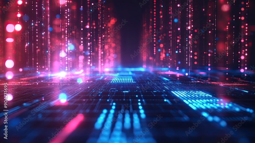 Poster digital technology background in a 3d abstract night setting, featuring neon grids and plenty of cop