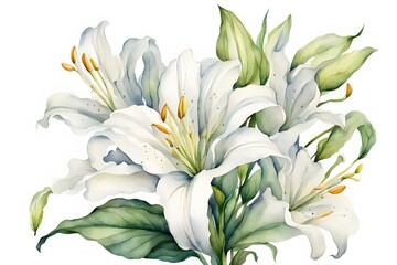 Watercolor madonna lily flower white background, Ai generated