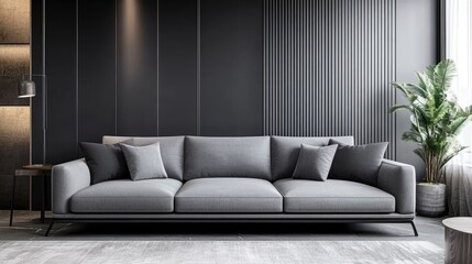 Elegant living room with a gray sofa in focus, featuring a clean and stylish space with no people. Ideal for interior design visuals.